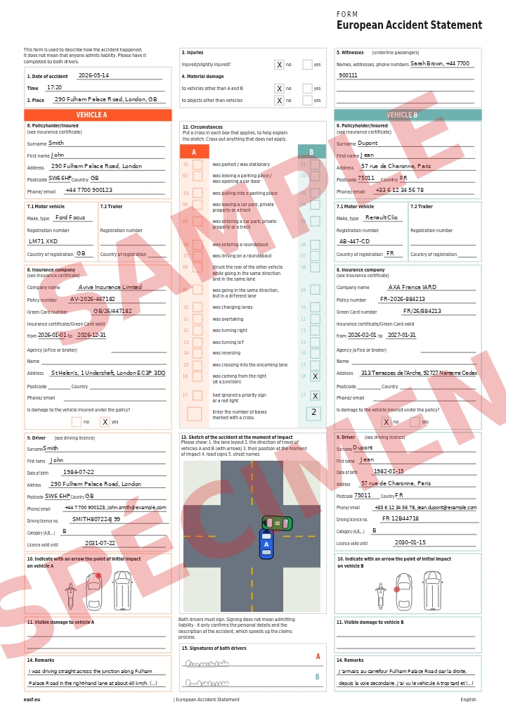 Filled-in European Accident Statement English-French: English form, vehicle A from the UK, vehicle B from France with remarks in French, sketch and signatures