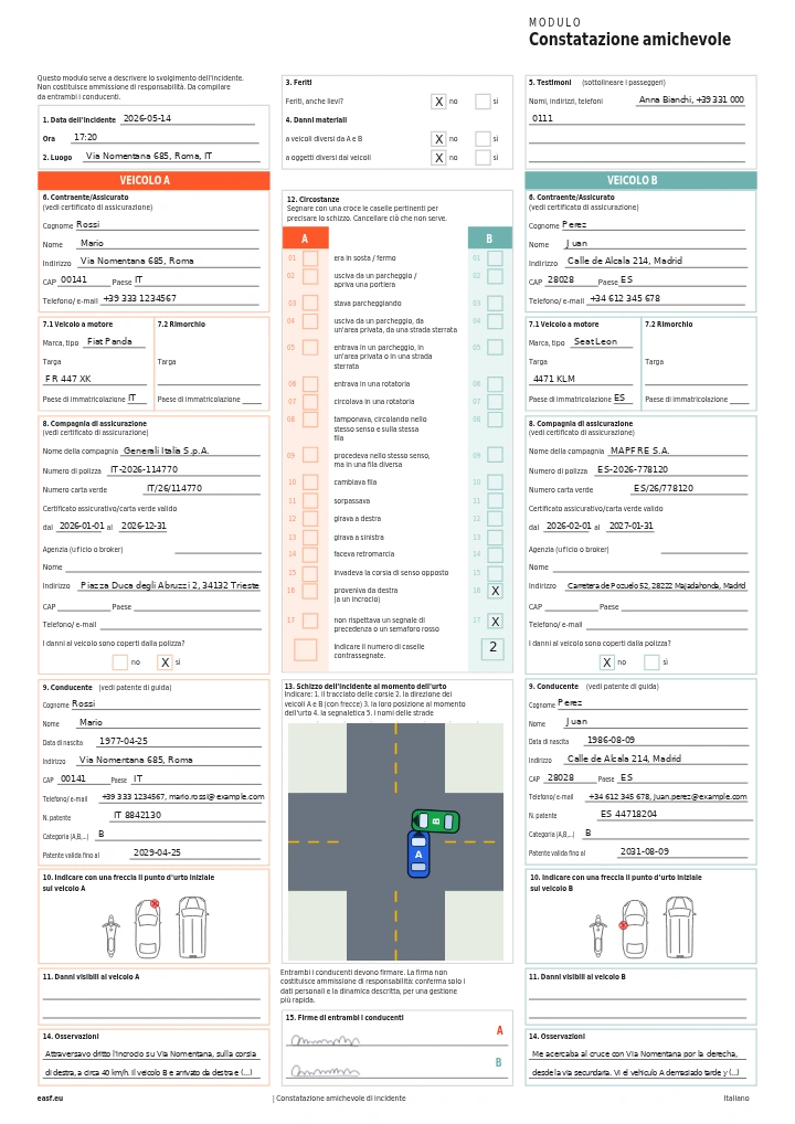 Prima pagina di una constatazione amichevole europea compilata con EASF: i dati di entrambi i conducenti, le circostanze barrate, uno schizzo del luogo e due firme.